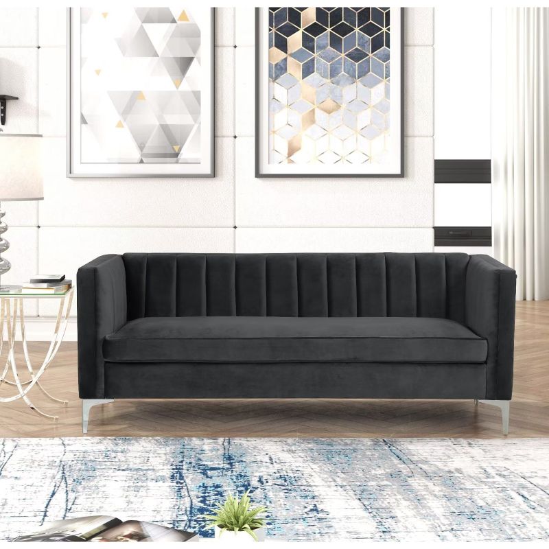 Morden Fort Modern 2 Pieces of Loveseat and Sofa Couch Set with Dutch Velvet Grey, Iron Legs - Black