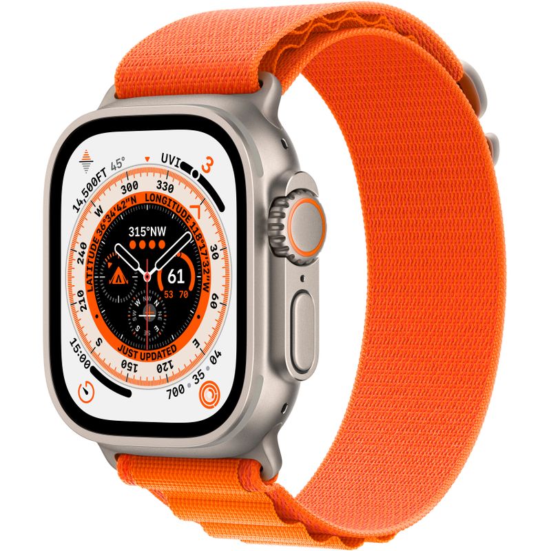 Front Zoom. Apple Watch Ultra (GPS + Cellular) 49mm Titanium Case with Orange Alpine Loop - Small - Titanium