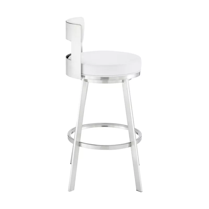 Lynof Swivel Counter Stool in Brushed Stainless Steel with White Faux Leather