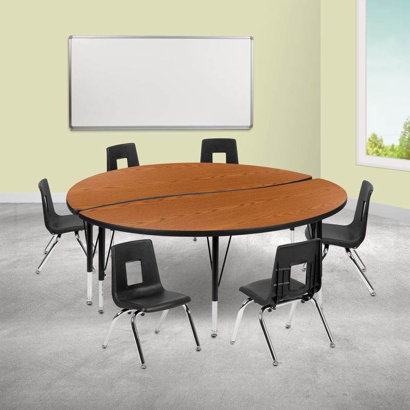 60" Circle Wave Collaborative Laminate Activity Table Set with 12" Student Stack Chairs - Oak