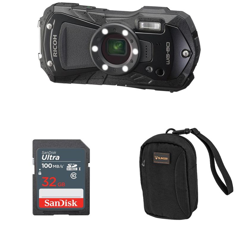 Ricoh WG-80 Waterproof Digital Camera, Black, Bundle with 32GB SD Memory Card, Camera Case