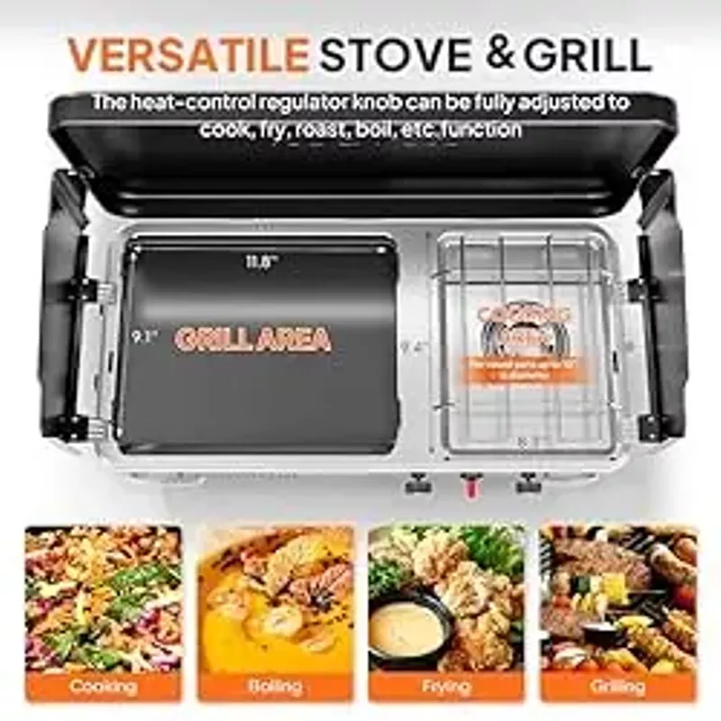 ROVSUN 2-in-1 Portable Camping Stove & Propane Grill with Enamel Griddle & Piezo Igniter, Tabletop Camp Stove with Built-in Handle, Wind Panel & Regulator for Camping, Tailgating, Grilling (Black)