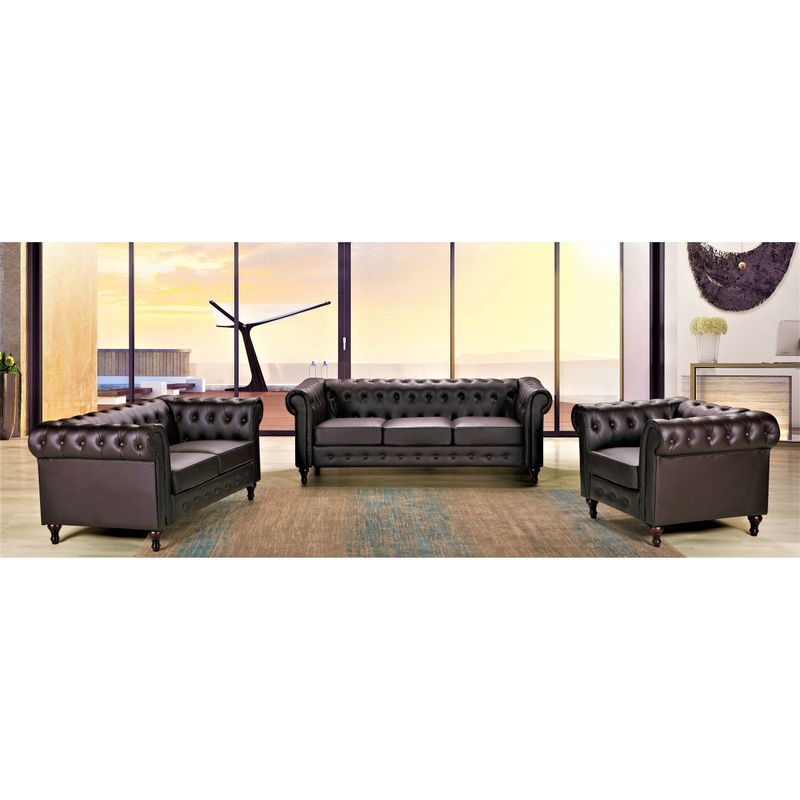 Brooks Classic Chesterfield 3-Piece Living Room Set-Chair Loveseat & Sofa - Brown