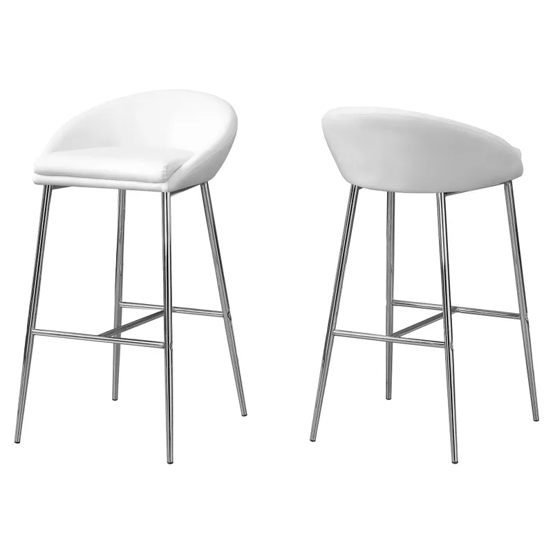 Bar Stool/ Set Of 2/ Bar Height/ Metal/ Pu Leather Look/ White/ Chrome/ Contemporary/ Modern
