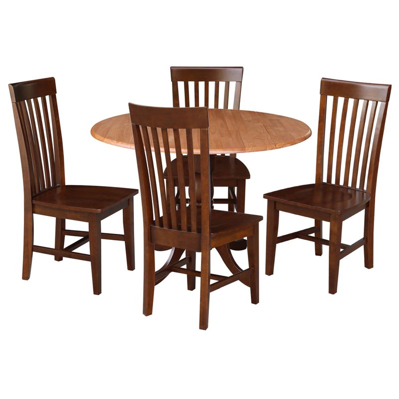 42 in. Drop Leaf Table with 4 Slat Back Dining Chairs - 5 Piece Set - 42 in. W x 42 in. D x 29.5 in. H - Cinnamon/espresso