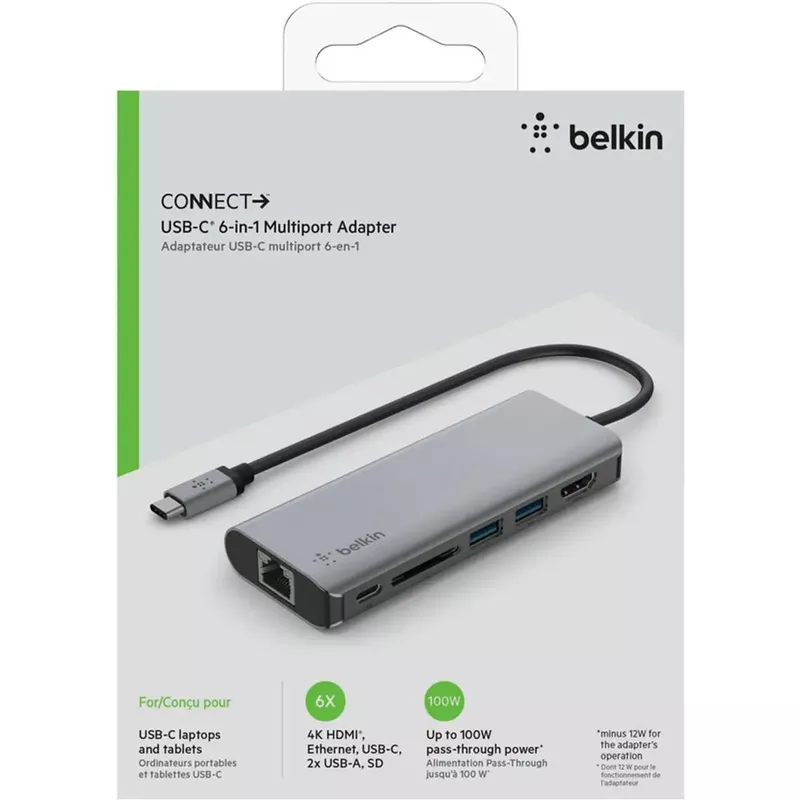 Belkin USB Type-C 6-in-1 Multi-Port Adapter with 4K HDMI and Ethernet, Silver