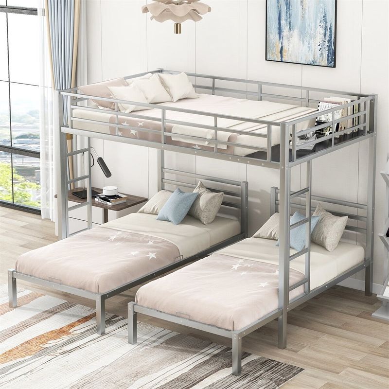 Merax Full over Twin &Twin Size Bunk Bed with Built-in Shelf - Silver