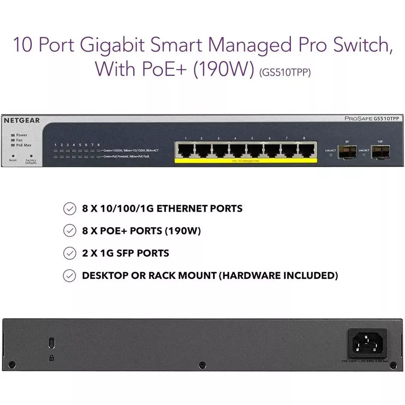 Netgear GS510TPP 8-Port Gigabit PoE+ Smart Managed Pro Switch, 2 SFP Ports, PoE+/190W
