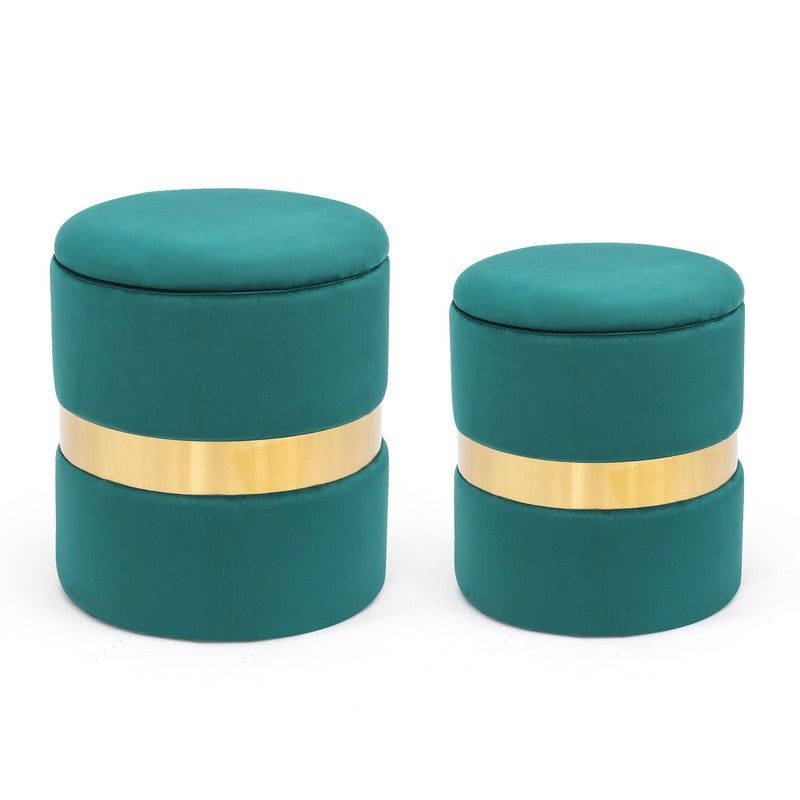 Adeco Set of 2 Velvet Storage Round Ottoman Foot Stool Metal Band - Teal