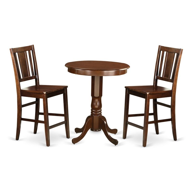 East West Furniture Modern Rubberwood 3-piece Dining Room Pub Set - a Table and Chairs- Mahogany Finish (Seat's Type Options) - EDBU3-MAH-LC