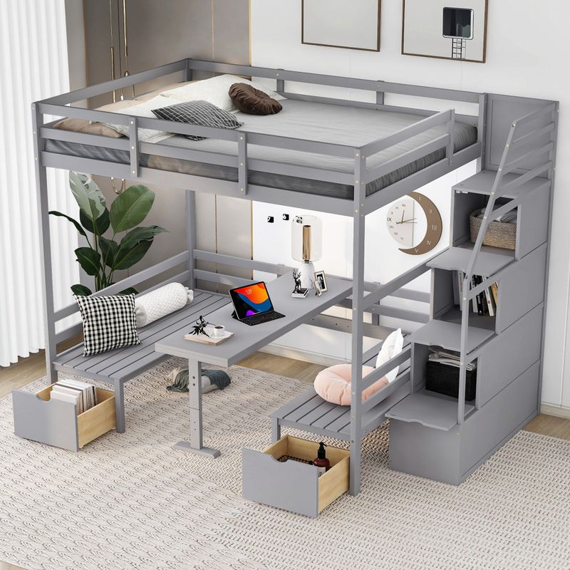 Rent to own Nestfair Full over Full Size Bunk Bed with Staircas - Grey ...