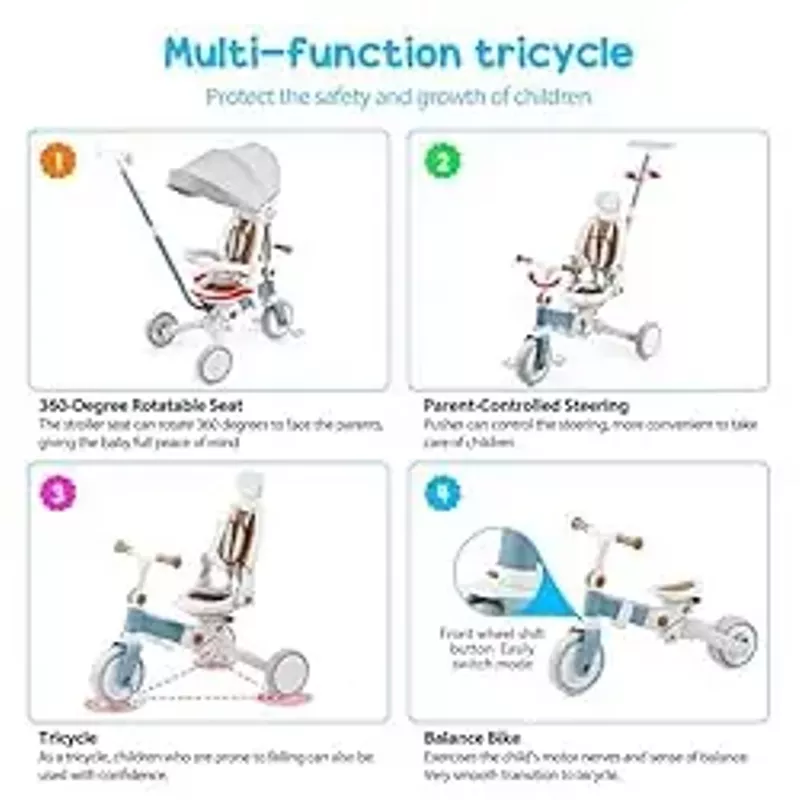 Babevy Baby Tricycle, 7-in-1 Folding Kids Tricycle with Adjustable Parent Handle, Safety Harness & Wheel Brakes, Removable Canopy, Ultra-Light Vehicle, Push Bike Gift for Toddlers for 1-6 Yearswhite