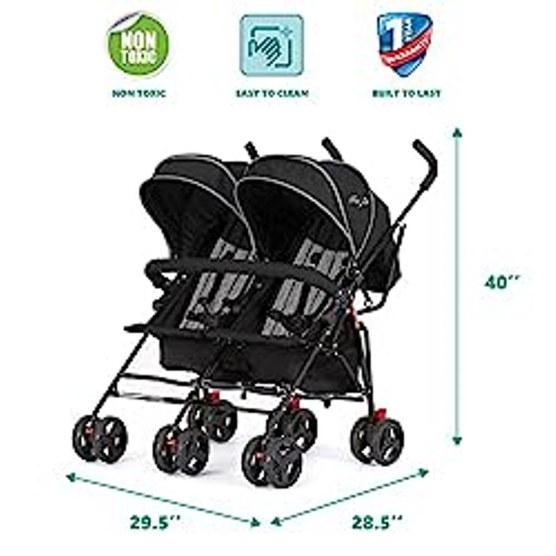 Dream On Me Volgo Twin Umbrella Stroller in Black, Lightweight Double Stroller for Infant & Toddler, Compact Easy Fold, Large Storage...