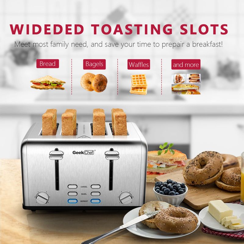 4 Slice Toaster Extra-Wide Slots Stainless Steel Toaster - Black/Silver