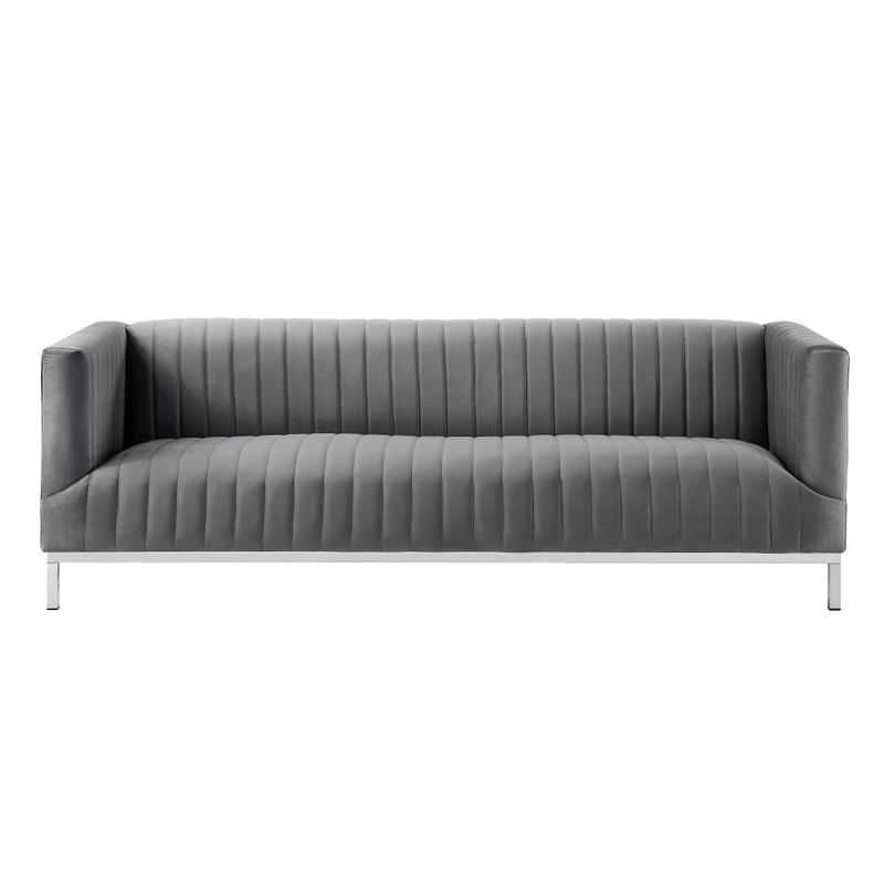 Inspired Home Ethan Velvet Tuxedo Sofa with Stainless Steel Legs - navy/chrome