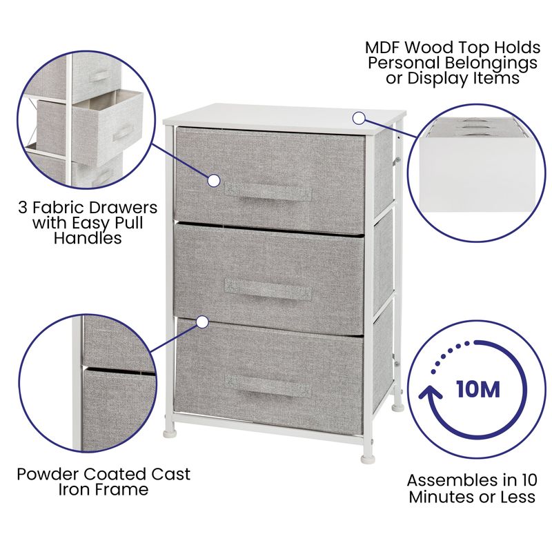 3 Drawer Vertical Storage Dresser with Wood Top & Fabric Pull Drawers - White/Gray