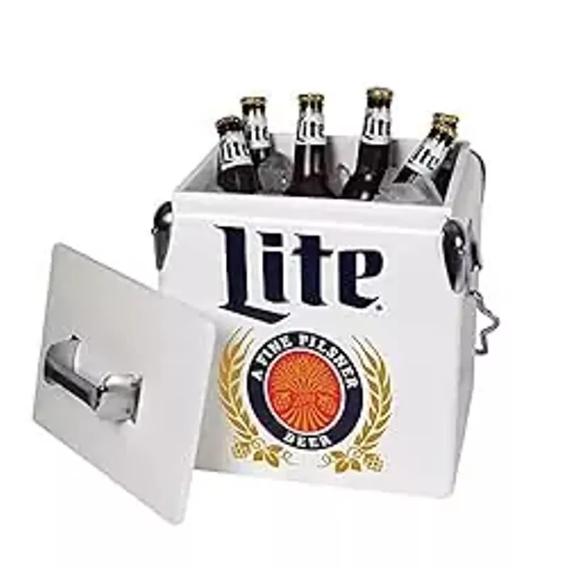 Miller lite Retro Ice Chest Cooler with Bottle Opener 13 L /14 Quart, Red and Silver, Vintage Style Ice Bucket for Camping, Beach, Picnic, RV, BBQs, Tailgating, Fishing
