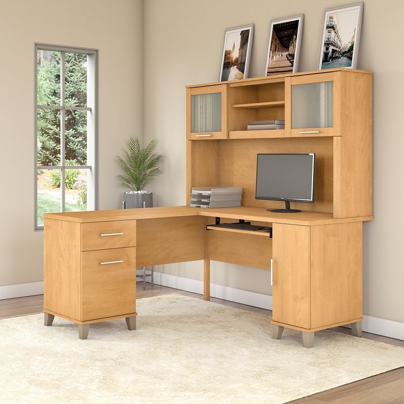 Somerset 60W L Shaped Desk with Hutch - Sand Oak