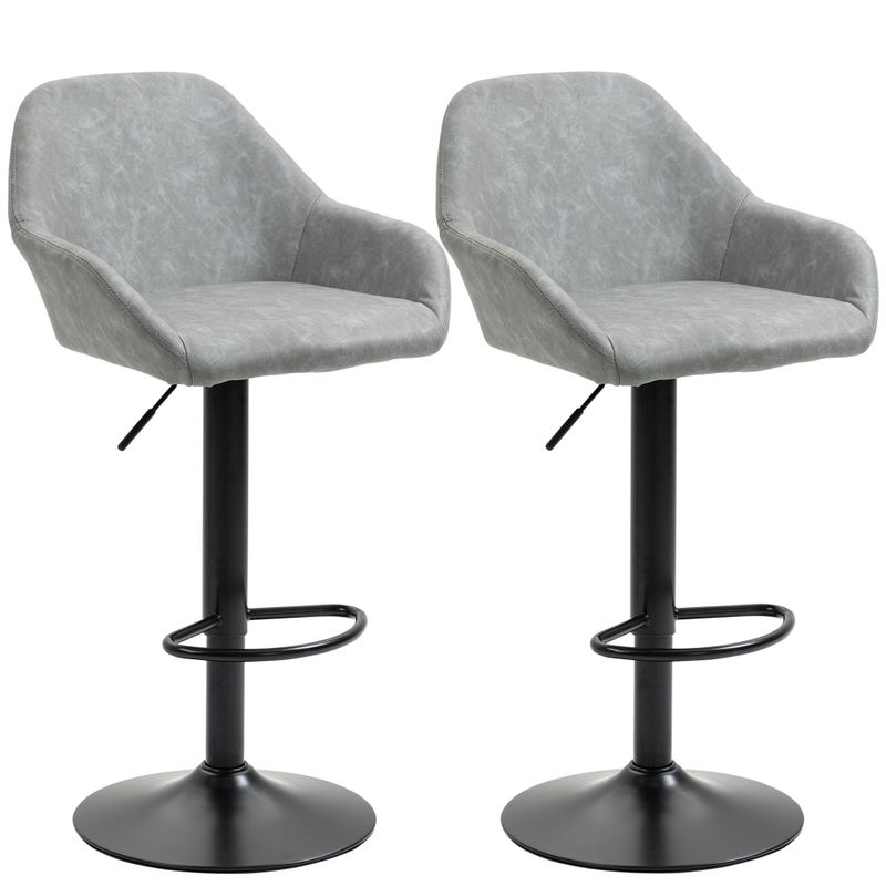HOMCOM Adjustable Bar Stools Set of 2, Swivel Barstools with Footrest and Back, PU Leather and Steel Round Base - Grey