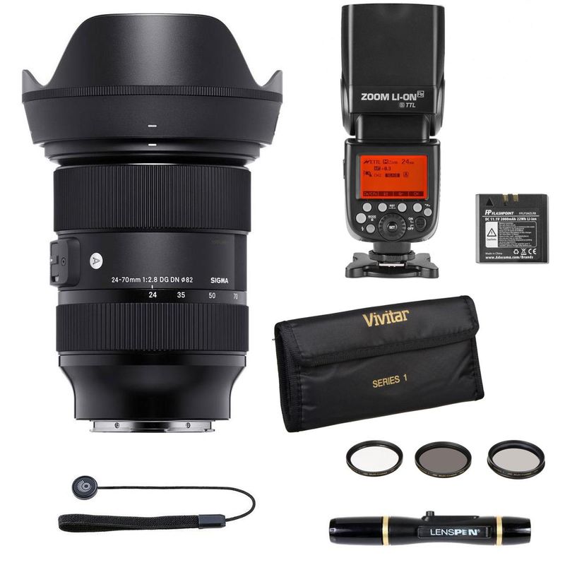 Sigma 24-70mm F2.8 DG DN Art Lens for Sony E - With Flashpoint Zoom R2 TTL On-Camera Flash Speedlight, 82mm Filter Kit,  Lens Cleaner,...