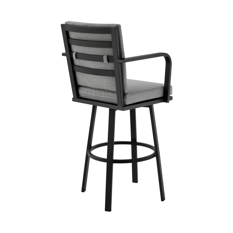 Don 30" Outdoor Patio Bar Stool in Black Aluminum with Grey Cushions