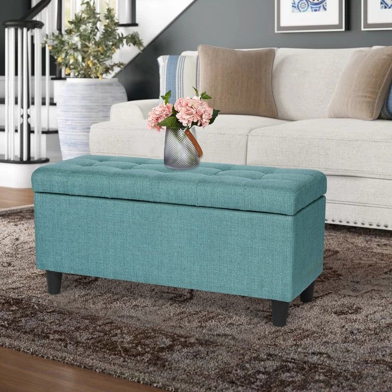 Adeco Storage Ottoman Bed Bench Fabric Tufted Upholstered Foot Stool - Teal