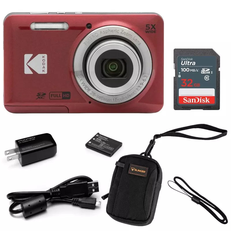 KODAK PIXPRO FZ55 Friendly Zoom Digital Camera, Red, Point and Shoot, Bundles with SD Card and Slinger Camera bag