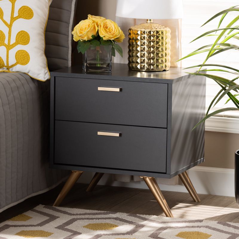 Kelson Modern Dark Grey and Gold Finished Wood 2-Drawer Nightstand - Charcoal Grey