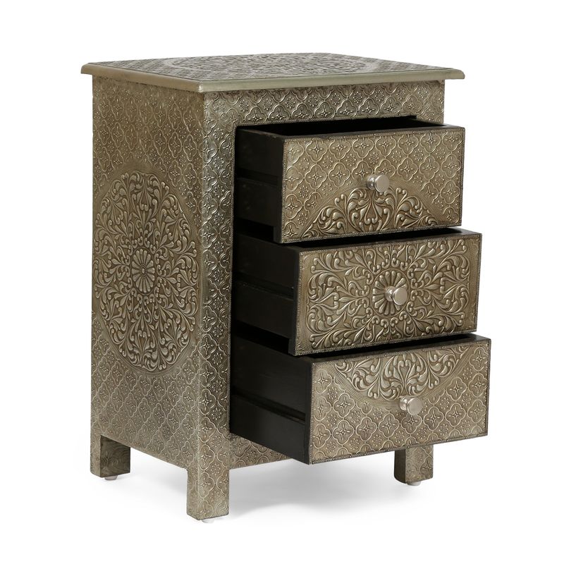 Deschutes Indoor Mango Wood and Iron Embossed Handcrafted 3 Drawer Nightstand by Christopher Knight Home - Silver - 3-drawer