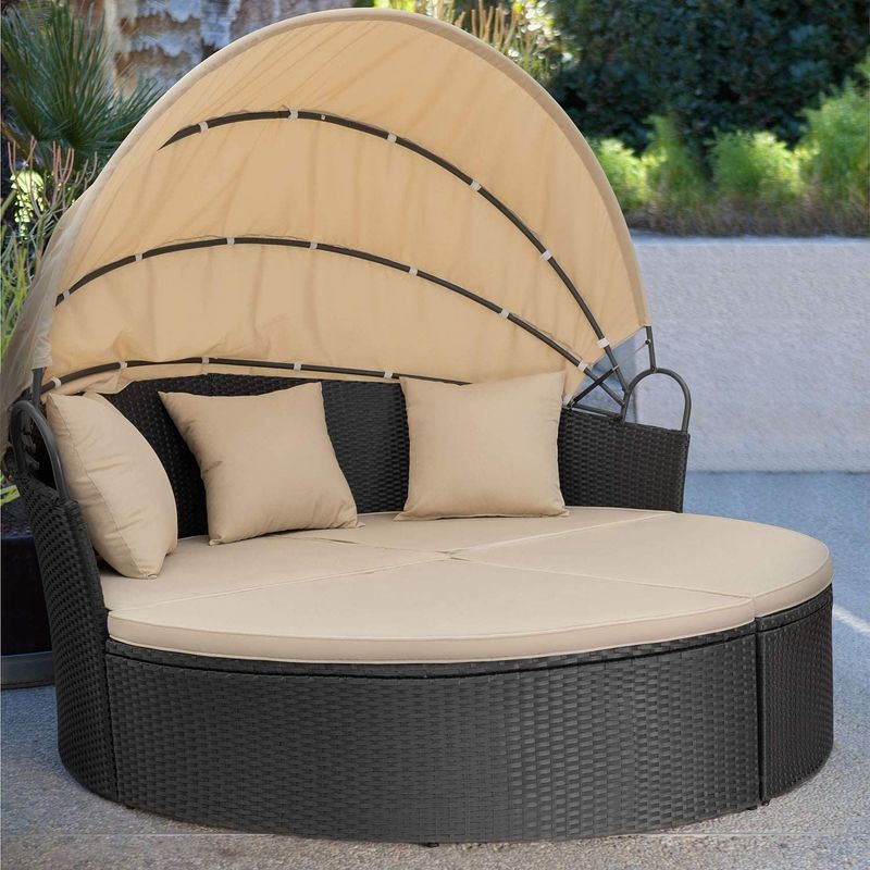 Homall Patio Furniture Outdoor Round Daybed with Retractable Canopy Wicker Sectional Seating with Cushions Separated Seating - Beige