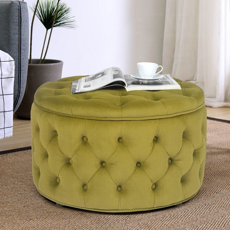 Adeco Velvet Round Storage Ottoman Button Tufted Footrest Stool Bench - Green