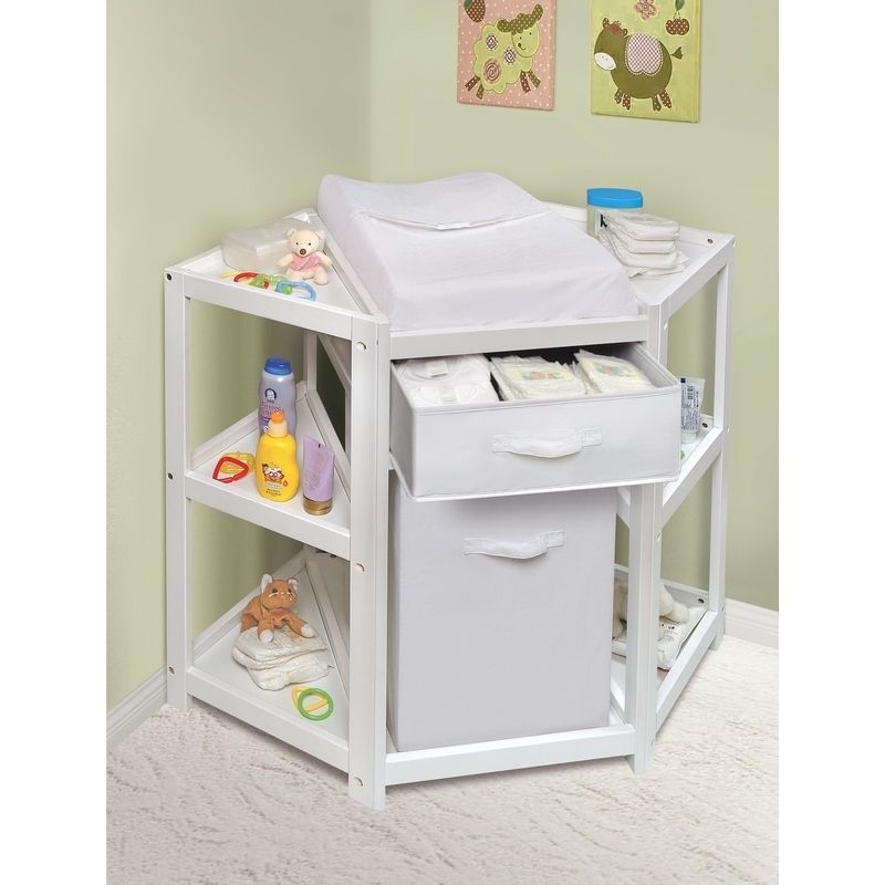 Diaper Corner Baby Changing Table with Hamper and Basket - Gray with White Basket/Hamper