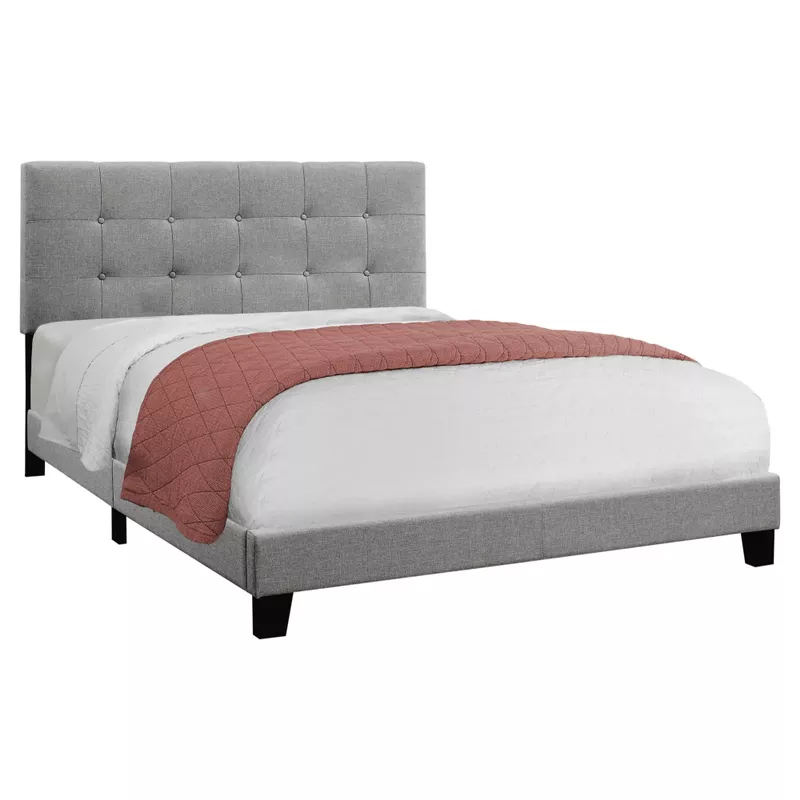 Bed/ Queen Size/ Platform/ Bedroom/ Frame/ Upholstered/ Linen Look/ Wood Legs/ Grey/ Transitional
