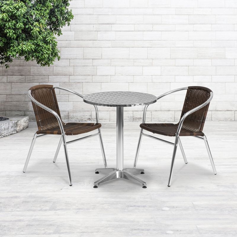 23.5" Round Aluminum Indoor-Outdoor Table Set with 2 Dark Brown Rattan Chairs - 23.5"W x 23.5"D x 27.5"H - Aluminum
