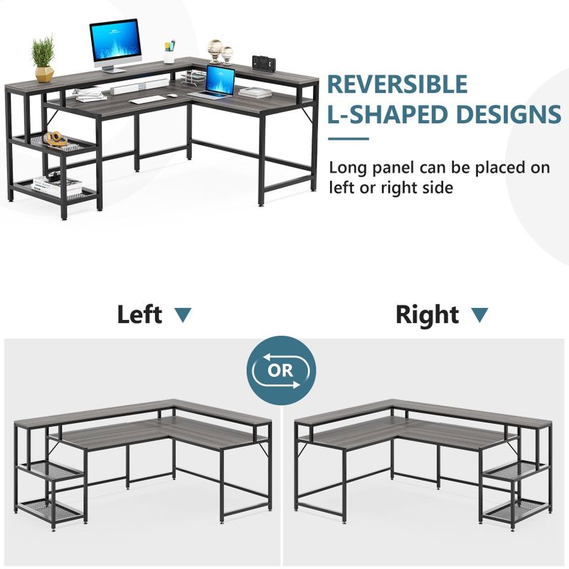 Industrial L-Shaped Desk with Storage Shelves, Corner Computer Desk PC Laptop Study Table Workstation - Brown