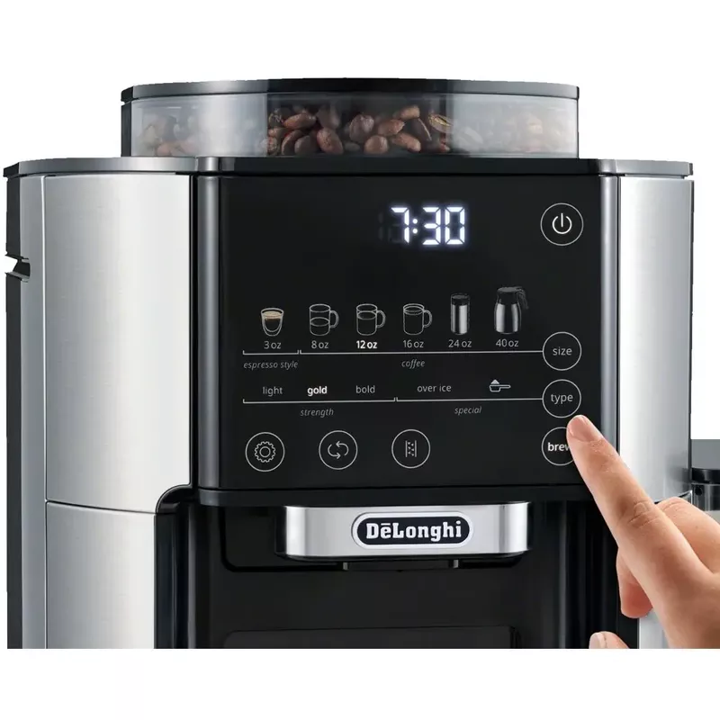 De'Longhi - TrueBrew Automatic Drip Coffee Maker with Thermal Carafe, Built-In Grinder, and Bean Extract Technology in Stainless Steel