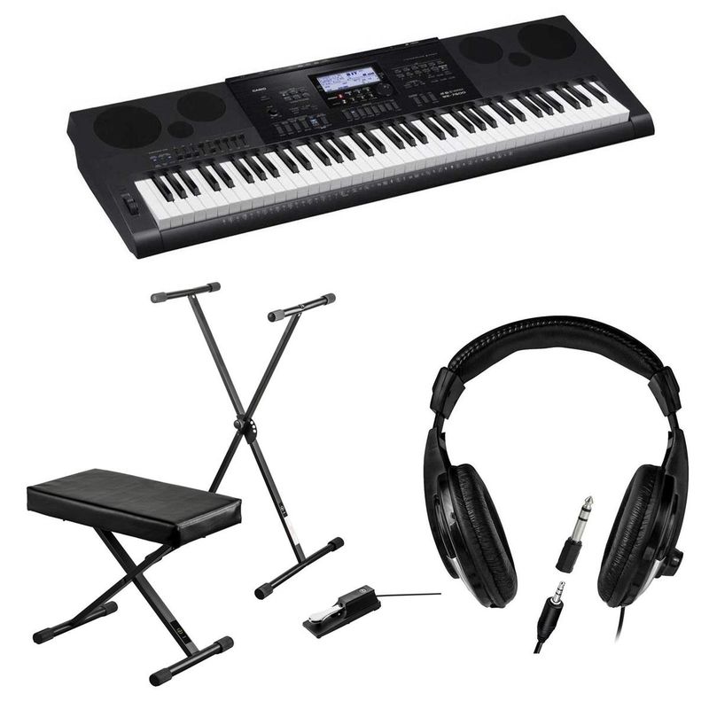 Casio WK-7600 76-Key Workstation Keyboard, 820 Tones, 64 Note Polyphony, Backlit LCD Display Bundle With Keyboard Stand Bench, QH-200...