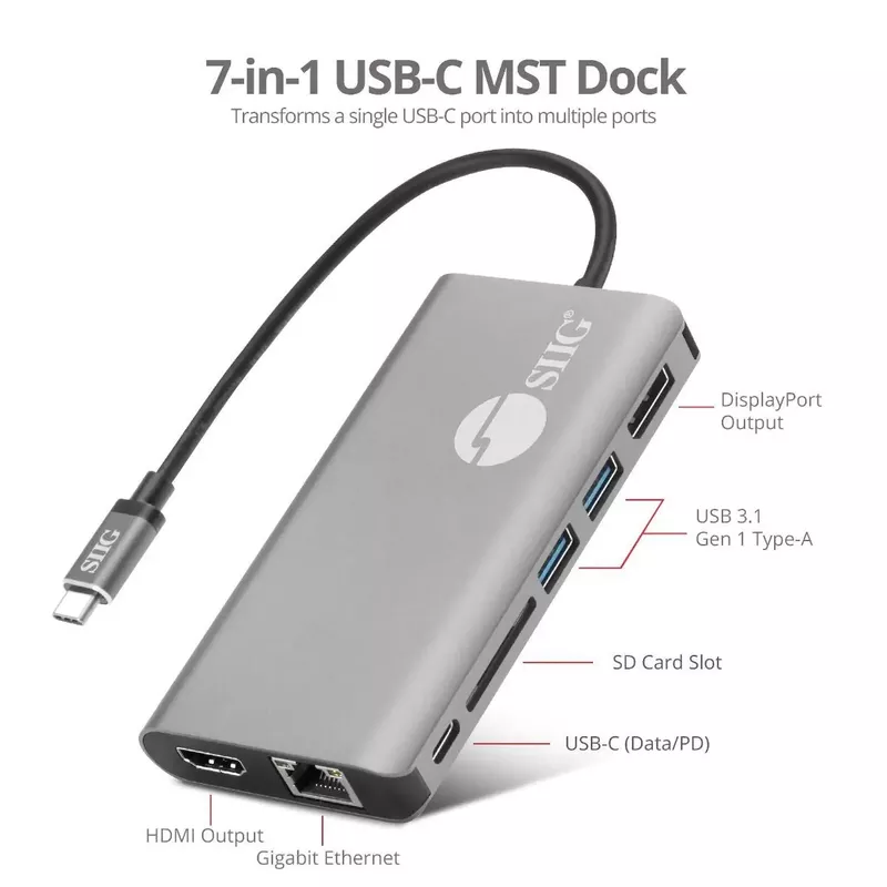 SIIG 7-In-1 MST USB Type-C Docking Station, Iron Gray/Black