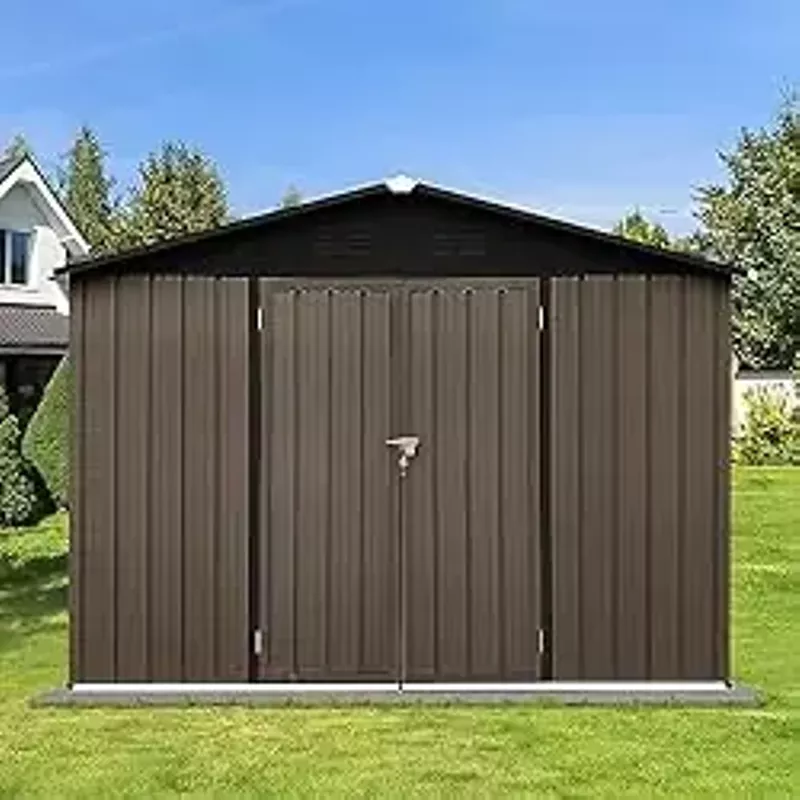 DHPM 10ft x 8ft Garden Storage Shed,Metal Outdoor Storage Sheds with Vents,Hinged Door and Padlock,Practical Tool Storage shed for Storing Bicycles,Lawnmowers,Barbeques and Garden Tools-Brown + Black