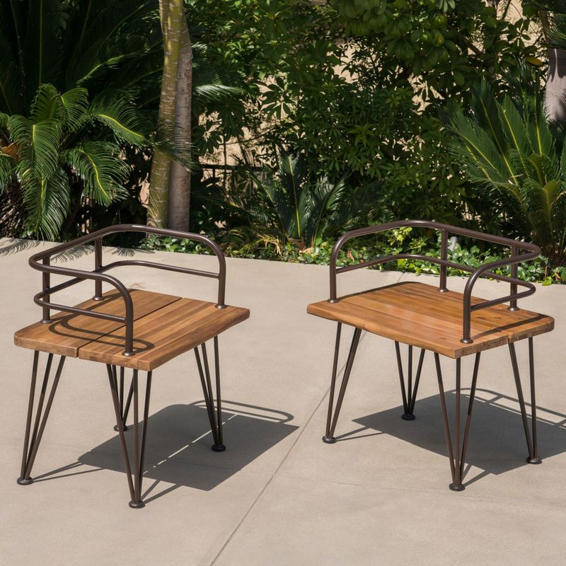 Zion Outdoor Industrial Acacia Wood Club Chair (Set of 2) by Christopher Knight Home - Teak Finish + Rustic Metal