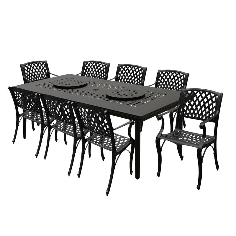 Modern Ornate Outdoor Mesh Aluminum 84-in Large Rectangular Patio Dining Set with Two Lazy Susans and Eight Chairs - Black
