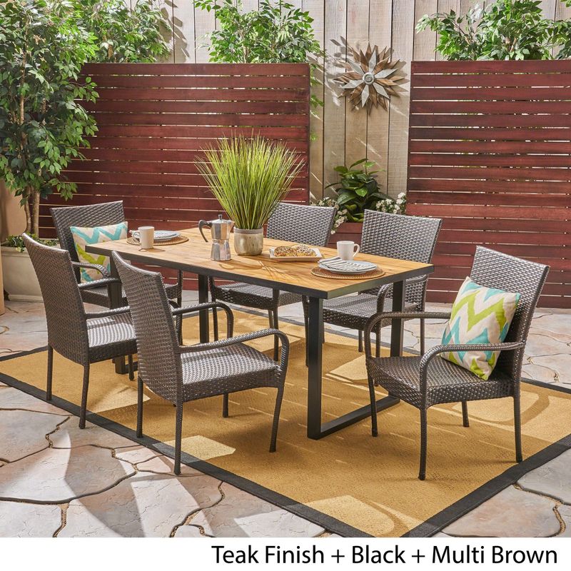 Banner Outdoor 6-Seater Rectangular Acacia Wood and Wicker Dining Set by Christopher Knight Home - teak finish + black + multi brown