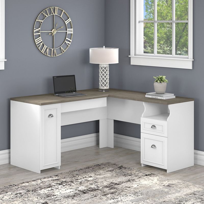 Fairview 60W L Shaped Desk with Drawers and Cabinet by Bush Furniture - Shiplap Gray/Pure White