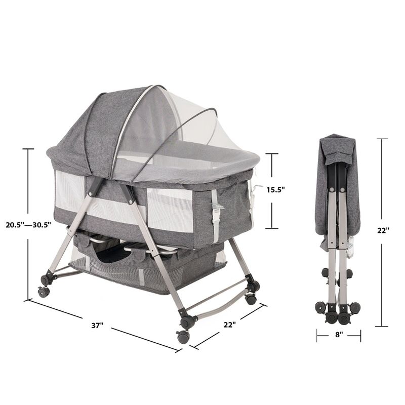Portable 2-In-1 Bassinet,Folding Portable Crib With Removable Canopy - Grey