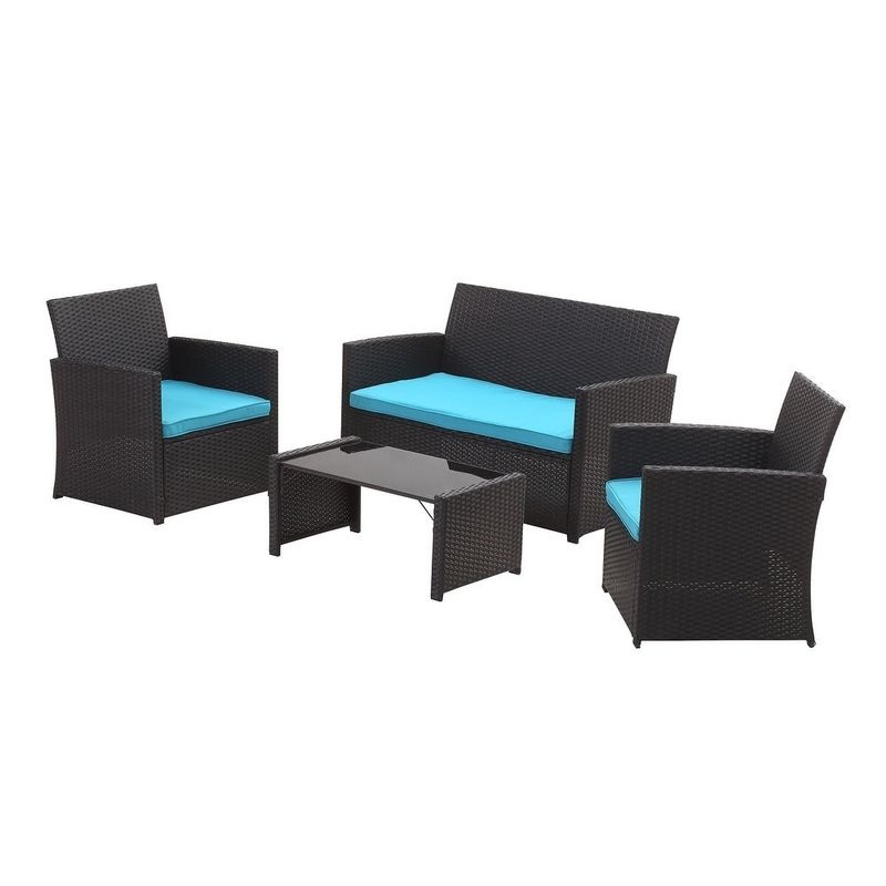 Ainfox 4 Pcs Rattan Sofa Set Patio Furniture - Blue with Umbrella