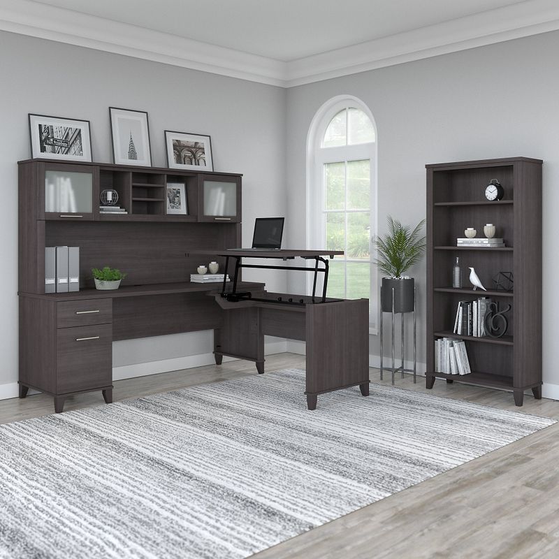 Somerset 72W Sit to Stand L-Desk with Hutch and Bookcase in Ash Gray - Maple Cross