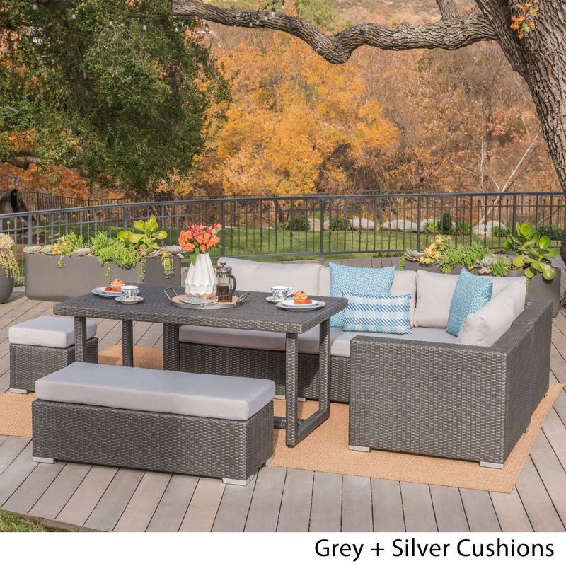 Santa Rosa Outdoor 7-Piece Rectangle Aluminum Wicker Dining Sofa Set with Cushions by Christopher Knight Home - Grey + Silver Cushions