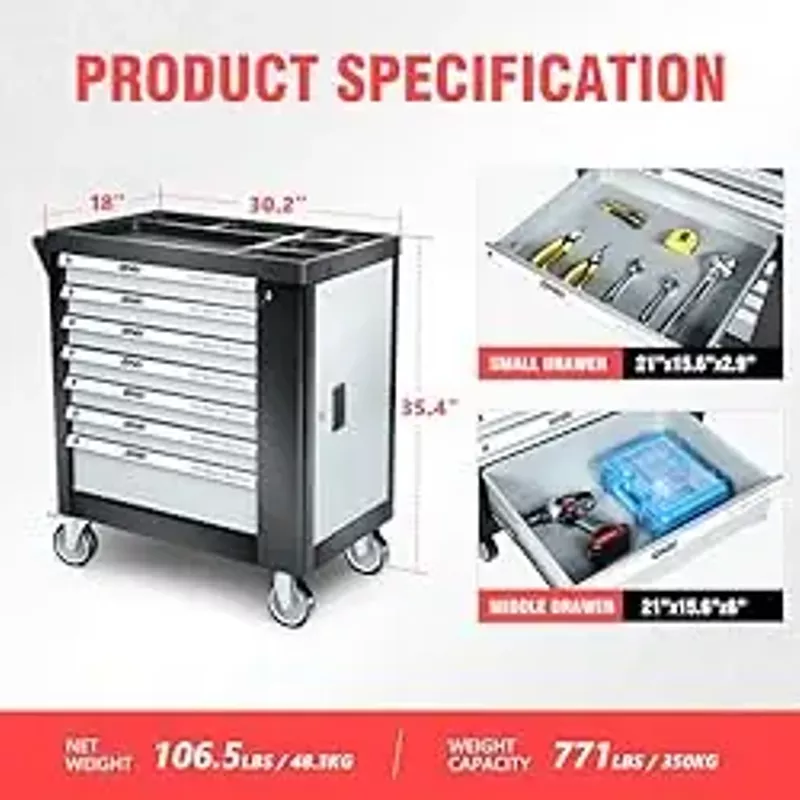 DNA MOTORING 7-Drawers Roller Tool Chest Cabinet with Casters, Locking System, Top Worktop, for Garage Warehouse Workshop, Grey, TOOLS-00397