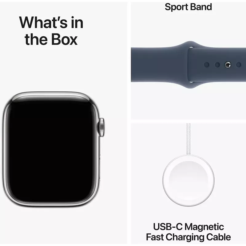 Apple Watch Series 9 GPS + Cellular Stainless Steel Case, - Silver Case - 41mm - Small/Medium Strap - Storm
