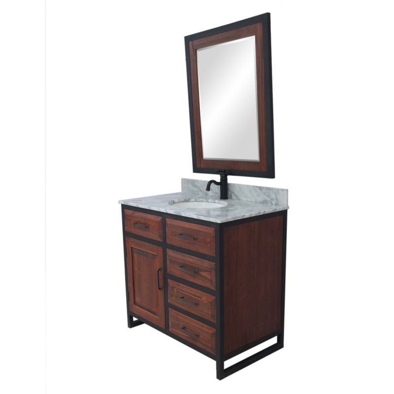 36"Rustic Solid Fir Single Sink Iron Frame Vanity in Brown-Driftwood Finish with Marble Top-No Faucet - Oval - Carrara White Marble Top